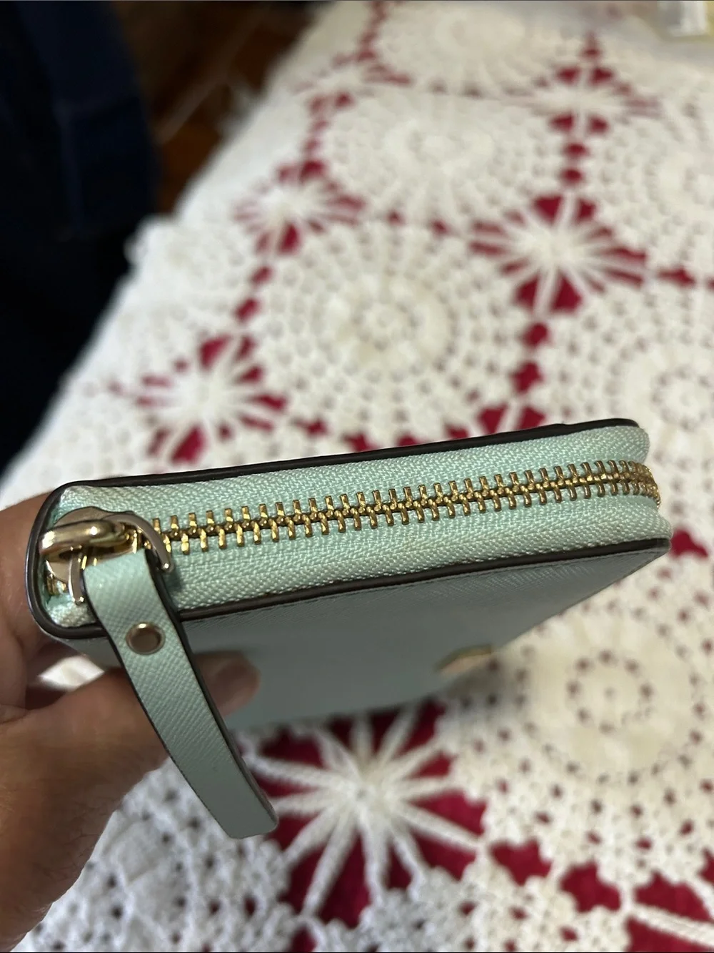 kate spade Pale Blue Saffiano Zip Around Wallet with Gold Plaque